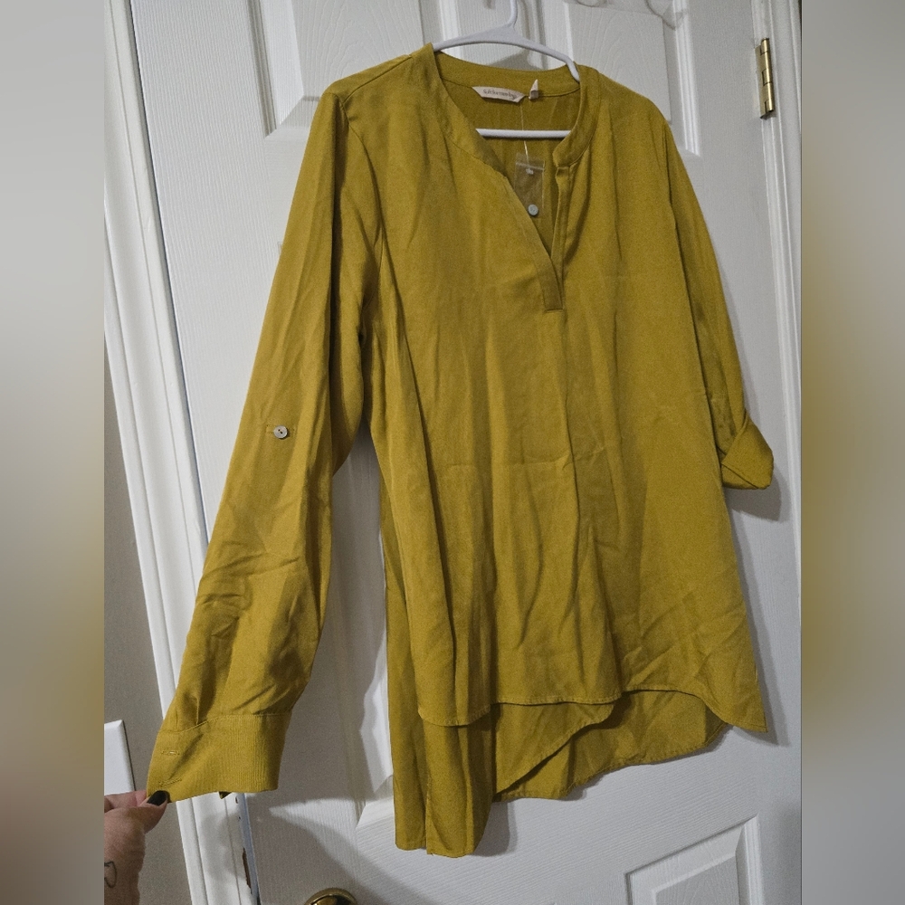 Soft Surroundings 100% Tencel Tunic in Mustard Yellow, Roll Tab Sleeves, NWOT. - Picture 8 of 14